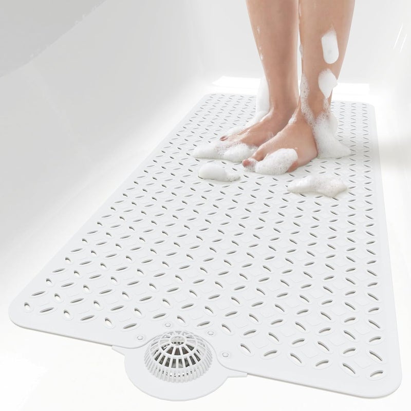 OTHWAY Bath Mat for Tub Non Slip: 39" X 17" Long Bathtub Mat with Hair Catcher│Big Drain Holes Shower Mats for Inside Shower│Machine Washable (White) - Image 1
